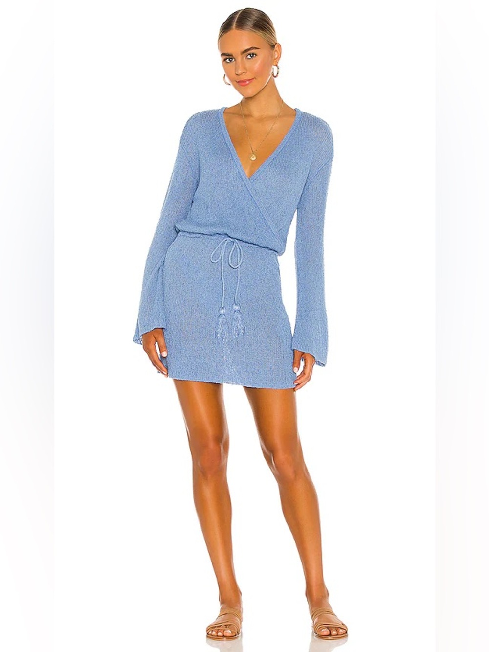 L*SPACE x Anthropologie Blue Knit Wrap Mini‎ Dress Beach Cover Up Boho Resort S